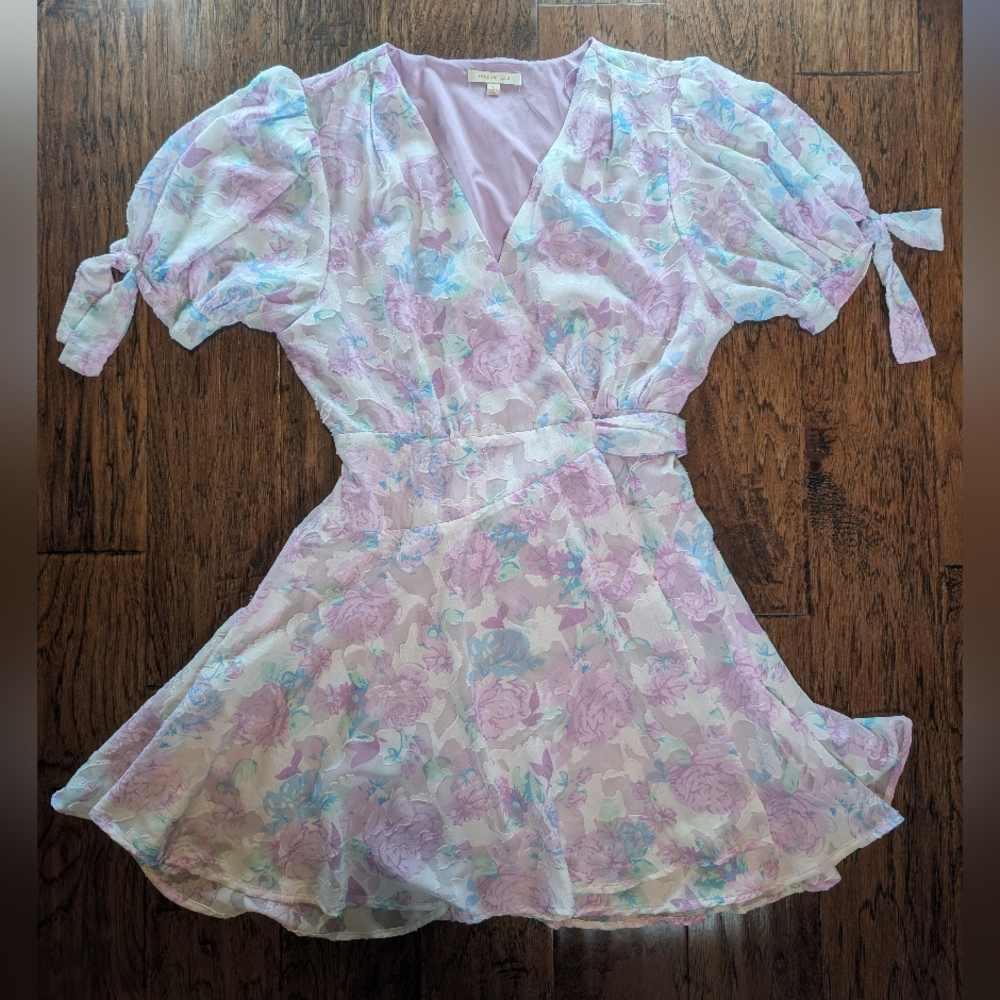 Skies Are Blue Pastel Floral Wrap Dress with Puff Sleeves Size Large